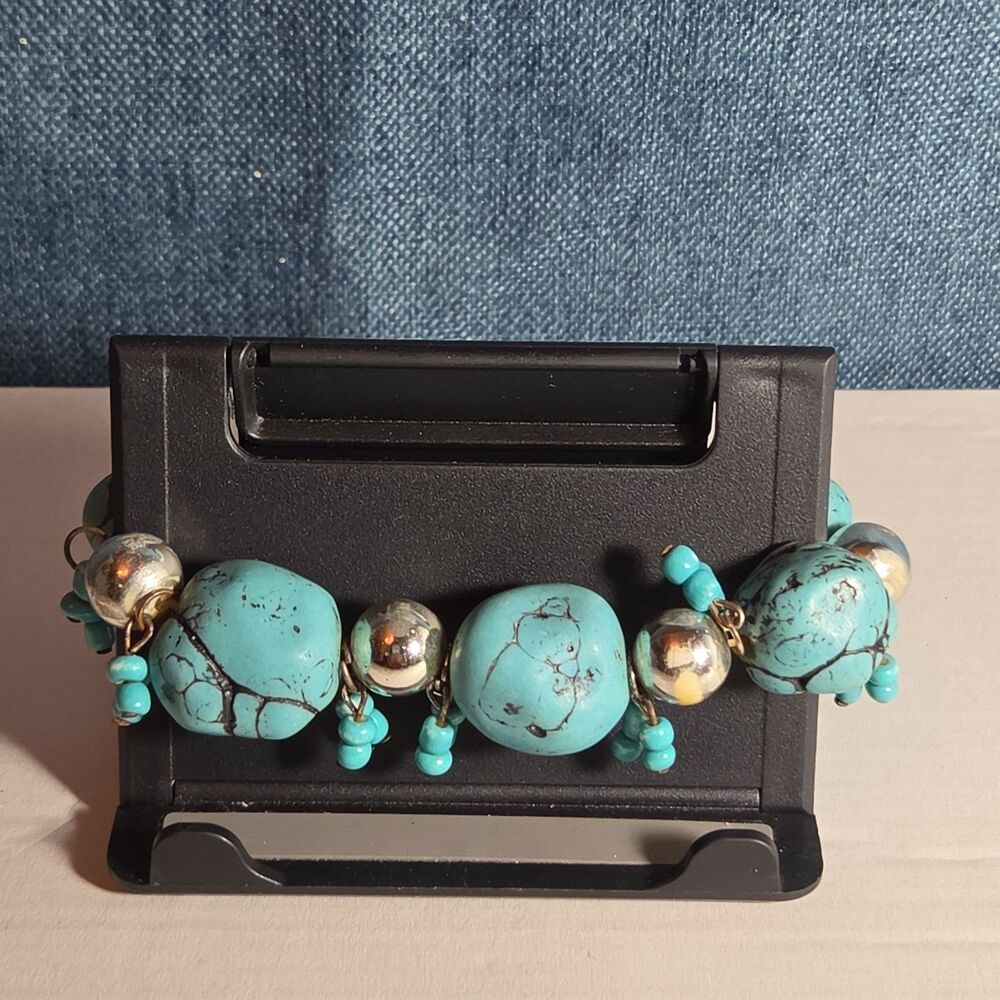 Chunky Faux Turquoise Silver Tone Stretch Bracelet Boho Y2K NWOT - Picture 11 of 16